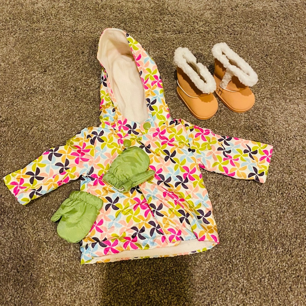 American Girl Doll snowboarding coat, mittens, boots